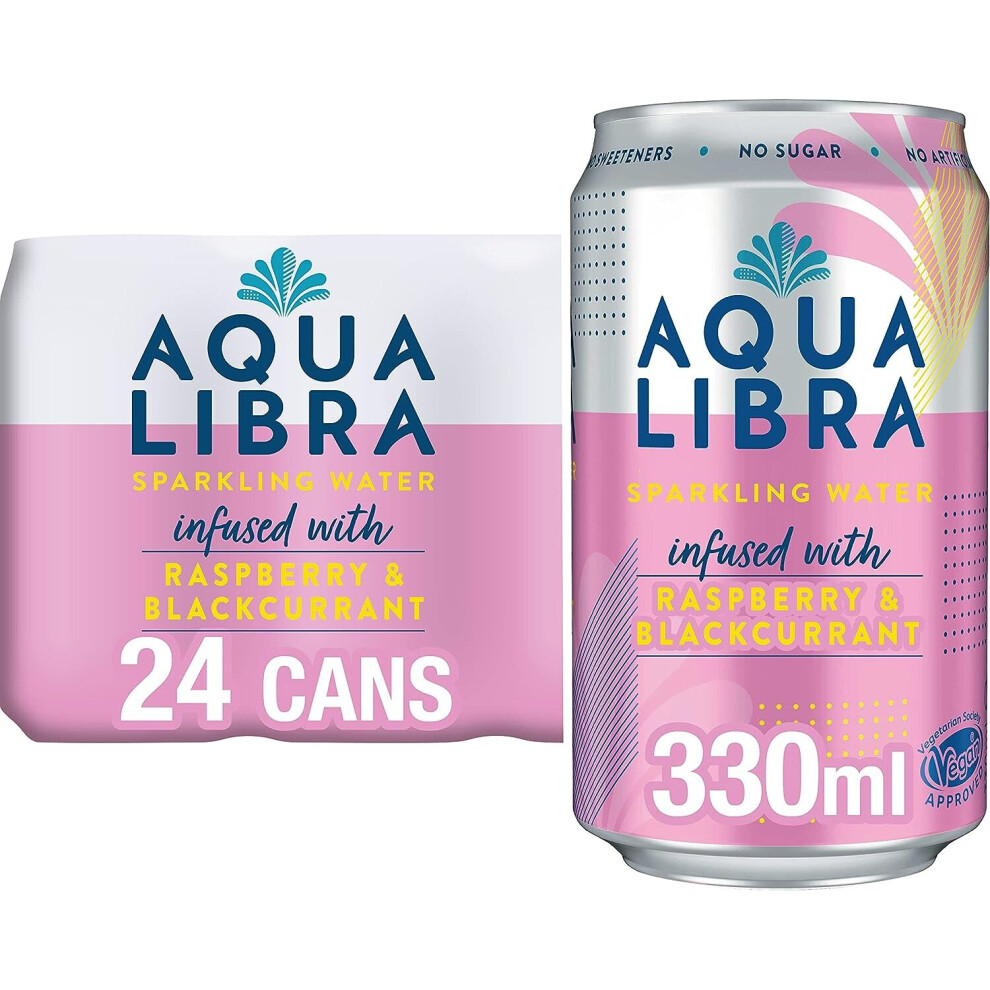 AQUA Libra Sparkling Sugar-Free Fruit Water, No Calories, Raspberry and Blackcurrant, 330 ml, Pack of 24