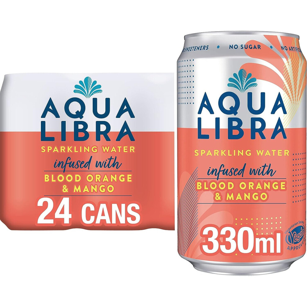 AQUA Libra Sparkling Water, Sugar-Free Fruit Water, No Sugar, No Calories, Blood Orange and Mango, 330 ml (Pack of 24)