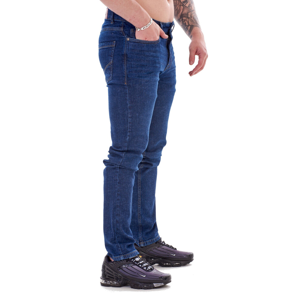 (Navy, 38) Malay Mens Jeans Slim Fit Denim Cotton Fly Zip Stretch Trousers Pants 32 to 40