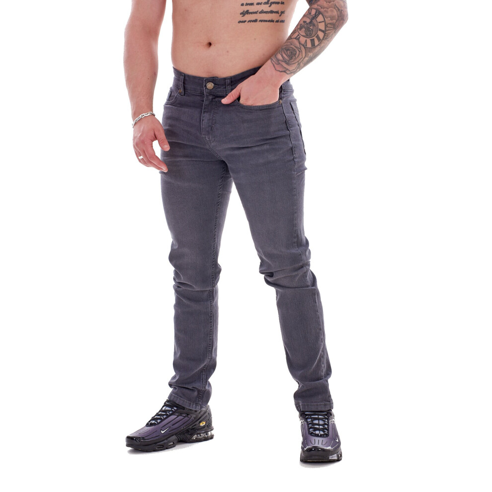 (Charcoal, 32) Malay Mens Jeans Slim Fit Denim Cotton Fly Zip Stretch Trousers Pants 32 to 40