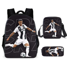 (Black Ronaldo) 3Pcs Boys Girls Neymar Ronaldo Messi  Backpack Lunch Bag Pencil Case Schoolbag