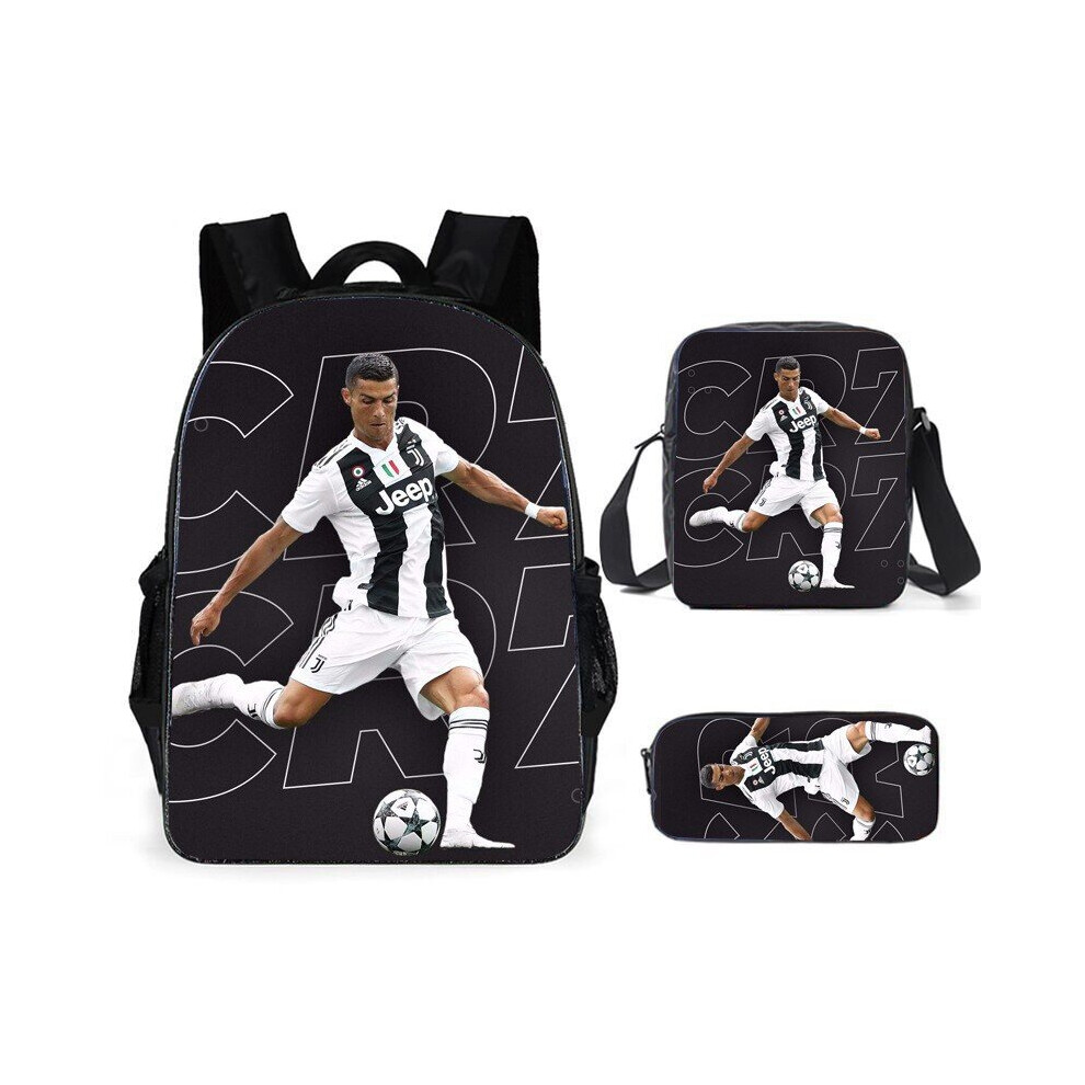 (Black Ronaldo) 3Pcs Boys Girls Neymar Ronaldo Messi  Backpack Lunch Bag Pencil Case Schoolbag