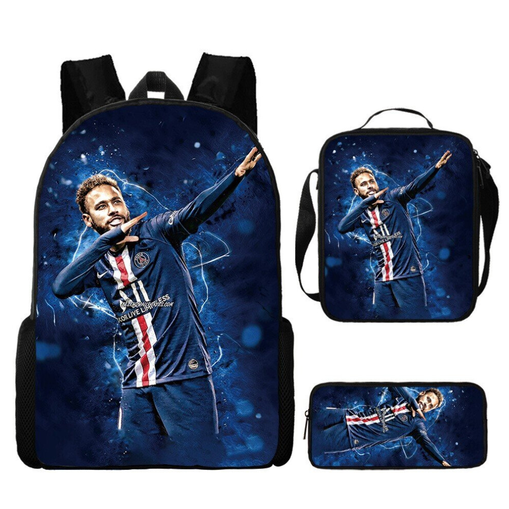 (Blue Neymar) 3Pcs Boys Girls Neymar Ronaldo Messi  Backpack Lunch Bag Pencil Case Schoolbag