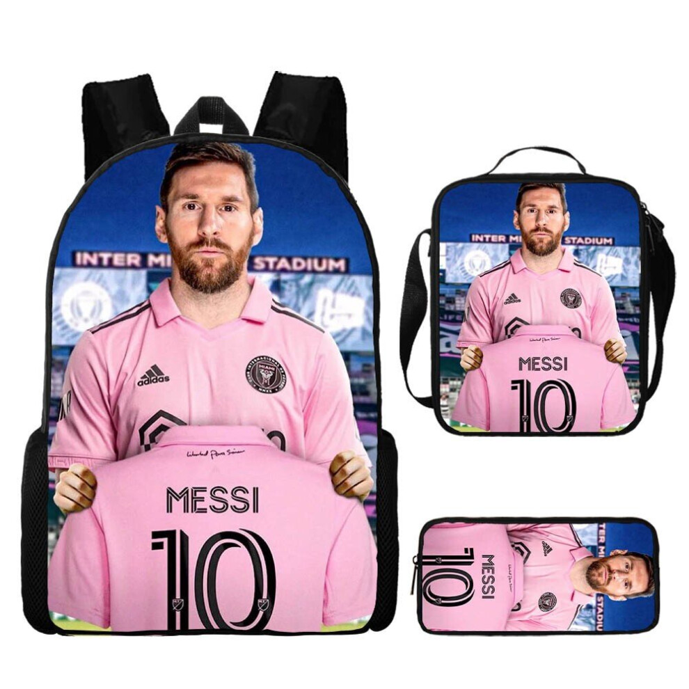 (Pink Messi) 3Pcs Boys Girls Neymar Ronaldo Messi  Backpack Lunch Bag Pencil Case Schoolbag