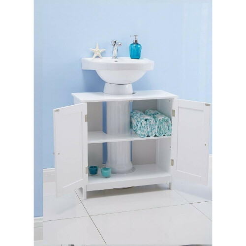 White Under Sink Basin Cabinet Cupboard Bathroom Storage Unit Two Tier Home Bath 2