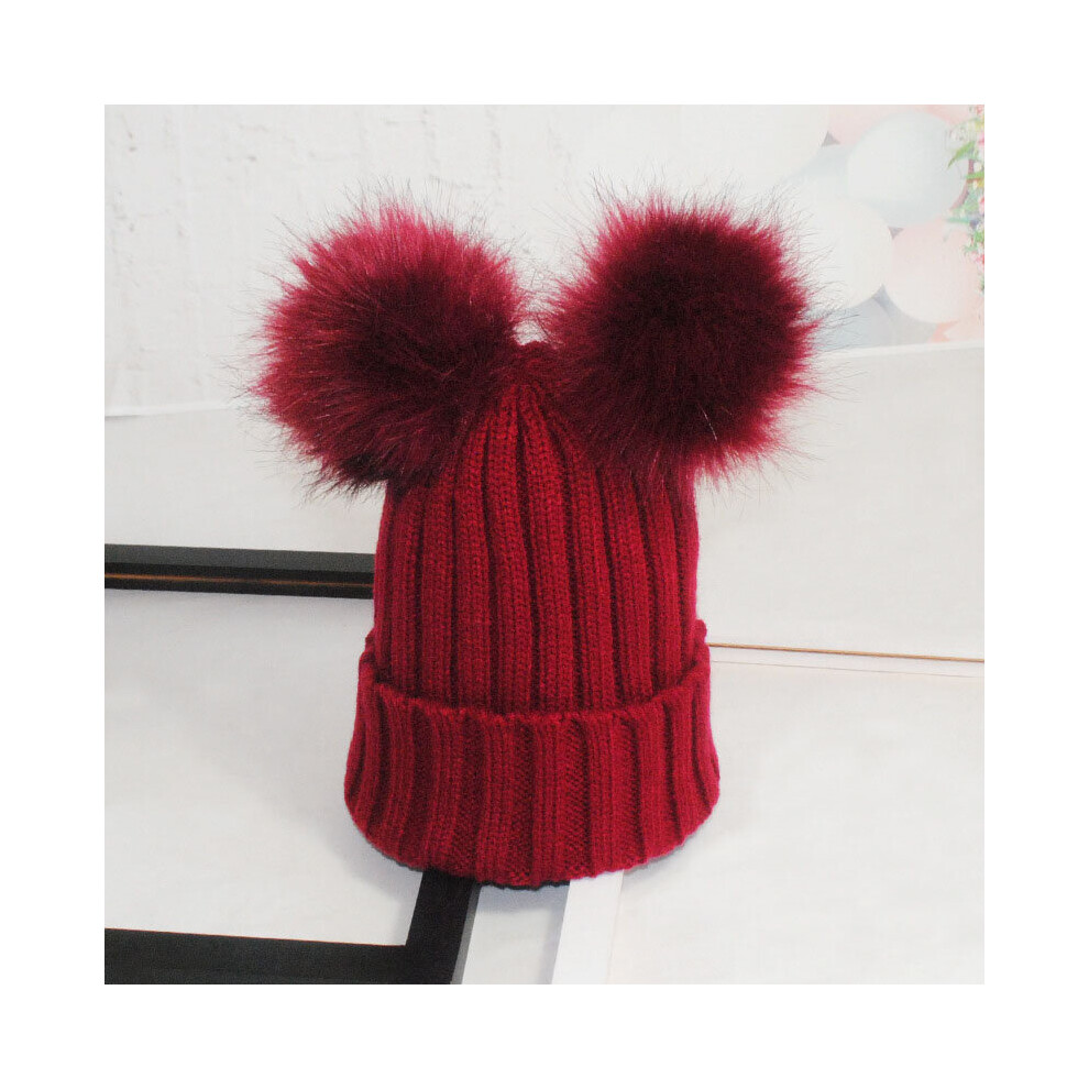 (Wine Red) Winter Women Ladies Knitted Beanie Hat With Fluffy Double Fur Bobble Pom Ski Cap