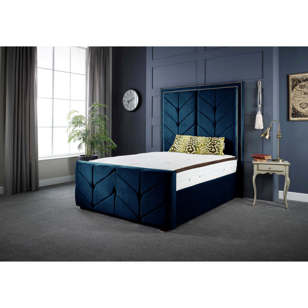 (6FT SUPER KING) Milly Chevron Luxury Blue Velvet Bed Frame