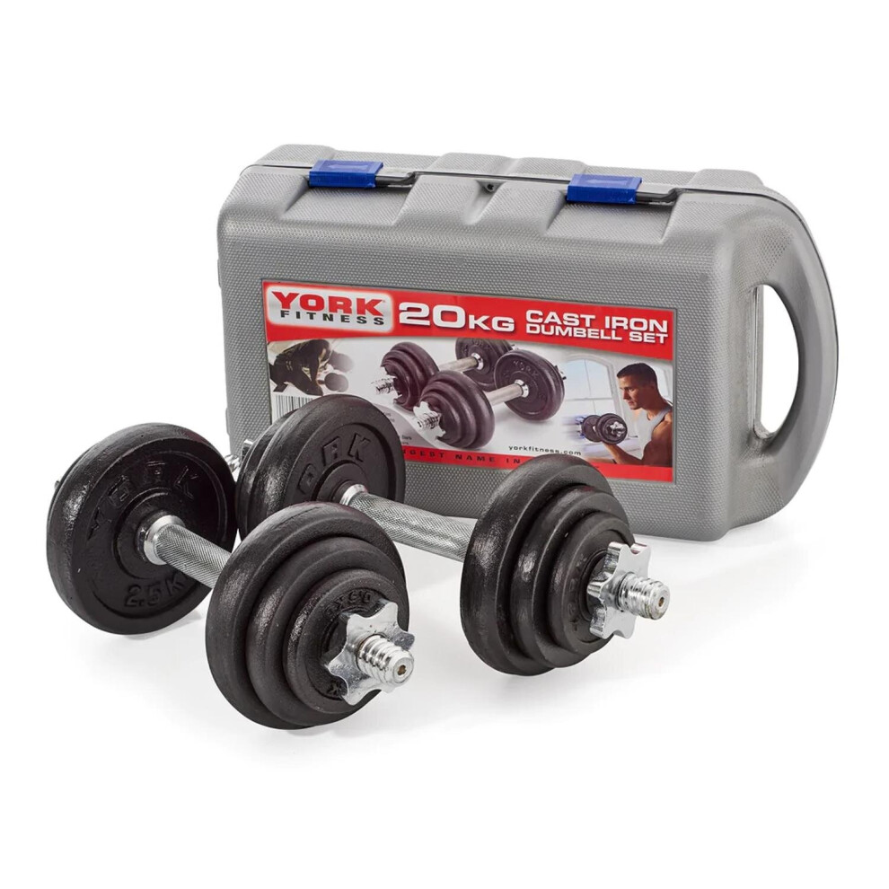 York Fitness 20 Kg Cast Iron Strength Training Dumbbell Weight Set With Case