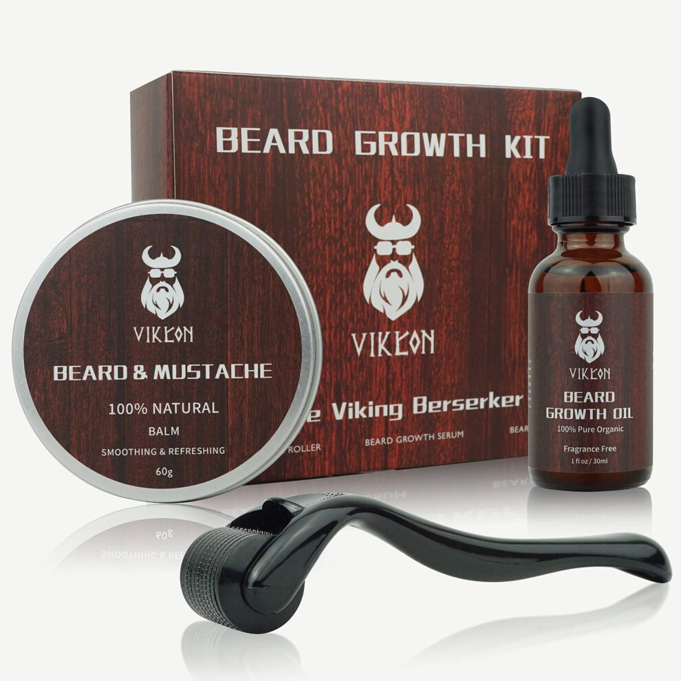 Beard Growth Kit, Beard Derma Roller Kit for Men, Patchy Facial Hair Growing Kit, Beard Growth Serum Oil + Beard Balm + Titanium Microneedle Roller,