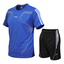 (Blue, L) Sport Running Men Set Short Sleeveshorts 2pcs Breathable Jogging Suit Fitness