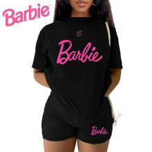 (Black, M) Movie Tops Barbie Shorts Set Tracksuit Casual Costume Outfit Daily Summer Fans