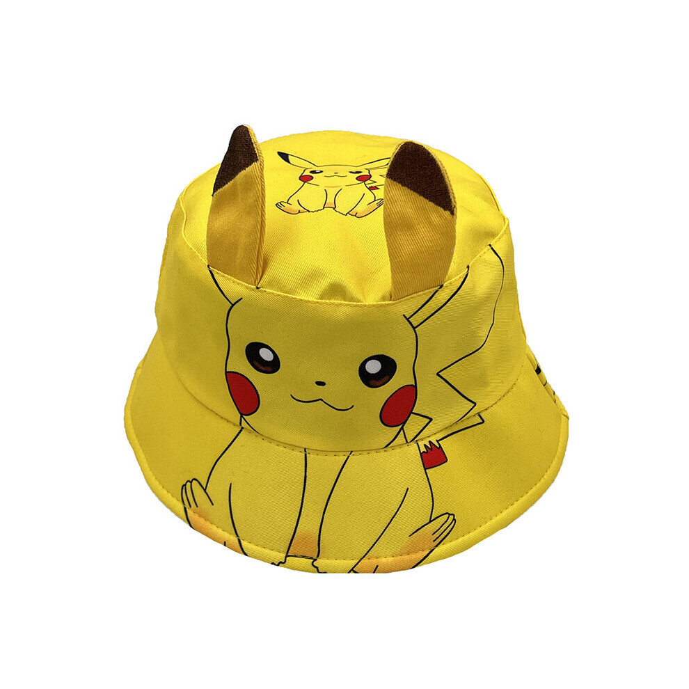 (style A) Pikachu Bucket Hat 3D Ear Hat Children's Cartoon Fisherman Hat Foldable UV Protection Fisherman Hat 56CM