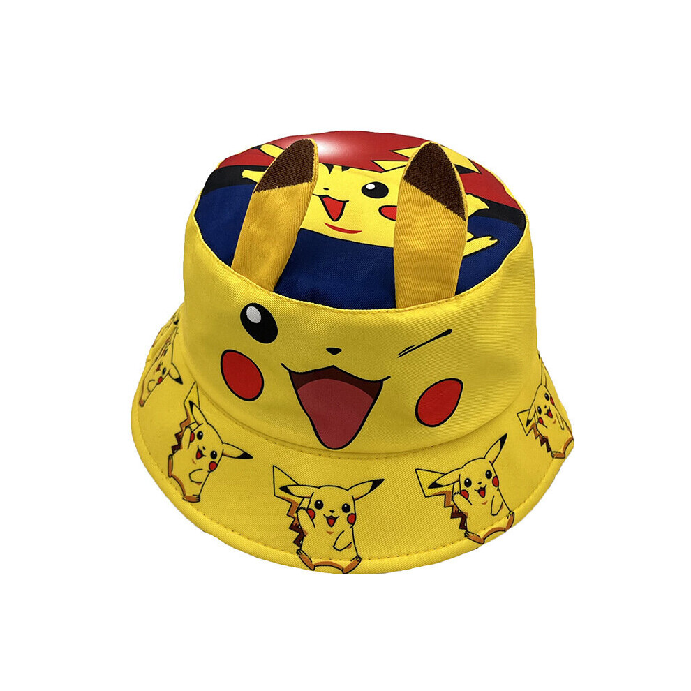 (style B) Pikachu Bucket Hat 3D Ear Hat Children's Cartoon Fisherman Hat Foldable UV Protection Fisherman Hat 56CM