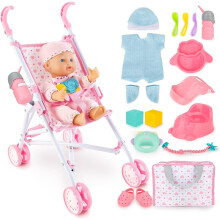 My First Baby Doll Play Set with Stroller Baby Doll Pushchair with Accessories Pretend Play Baby Dolls for Girls Children Dolly Pram Toy