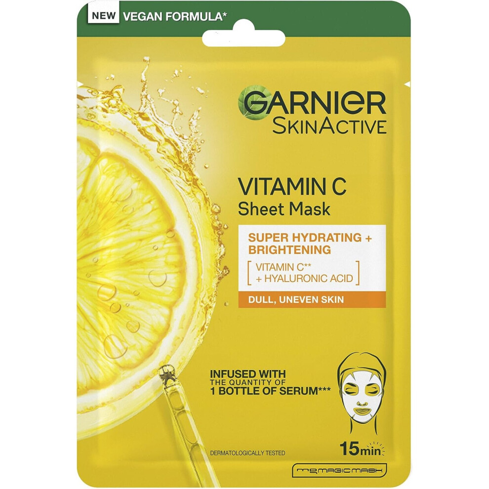 Garnier Skinactive Moisture Bomb Vitamin C Sheet Mask, Hydrating & Brightening Face Mask, Enriched With Vitamin Cg & Hyaluronic Acid Serum