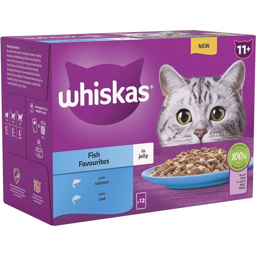 Whiskas 11+ Fish Selection in Jelly 48x85g Pouches, Senior Cat Food (12x85g)