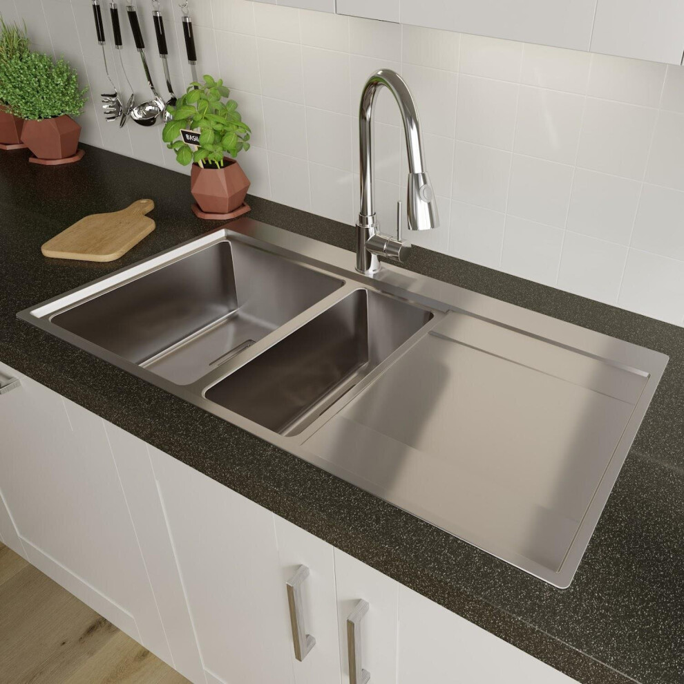 Sauber 1.5 Bowl Square Inset Stainless Steel Kitchen Sink Right Hand Drainer