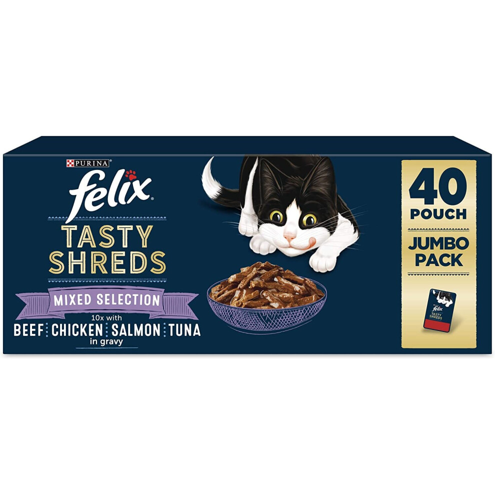 FELIX TASTY SHREDS Mixed Selection in Gravy, Blue, 40 pouches