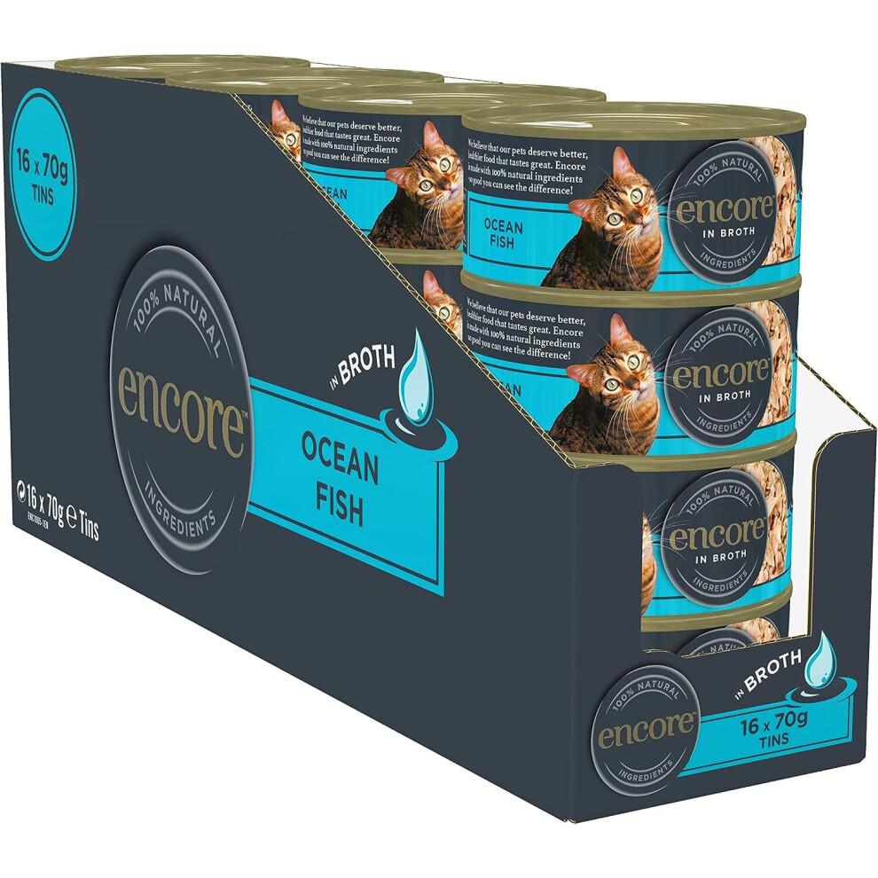 Encore 100% Natural Cat Food, Ocean Fish In Broth Tin 70 g (Pack of 16)