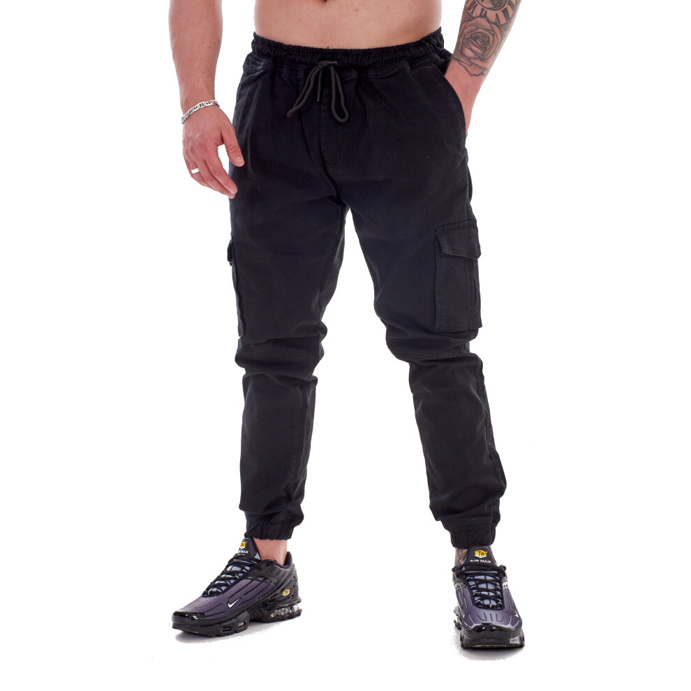 (Black, XXL) Malay Mens Trousers Cargo Elasticated Tie Cord Cuffed Regular Pockets Pant M to 3XL