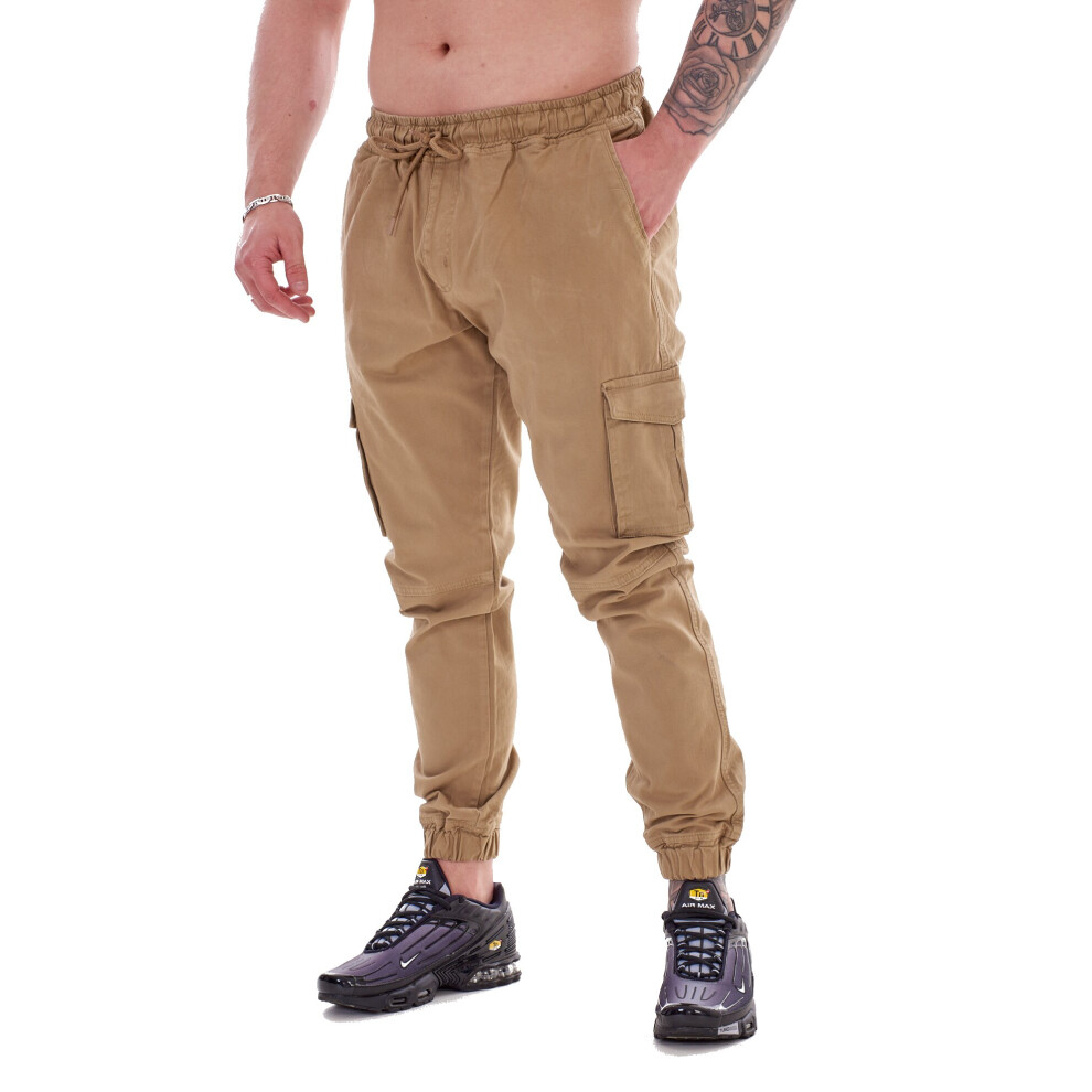 (Khaki Beige, L) Malay Mens Trousers Cargo Elasticated Tie Cord Cuffed Regular Pockets Pant M to 3XL