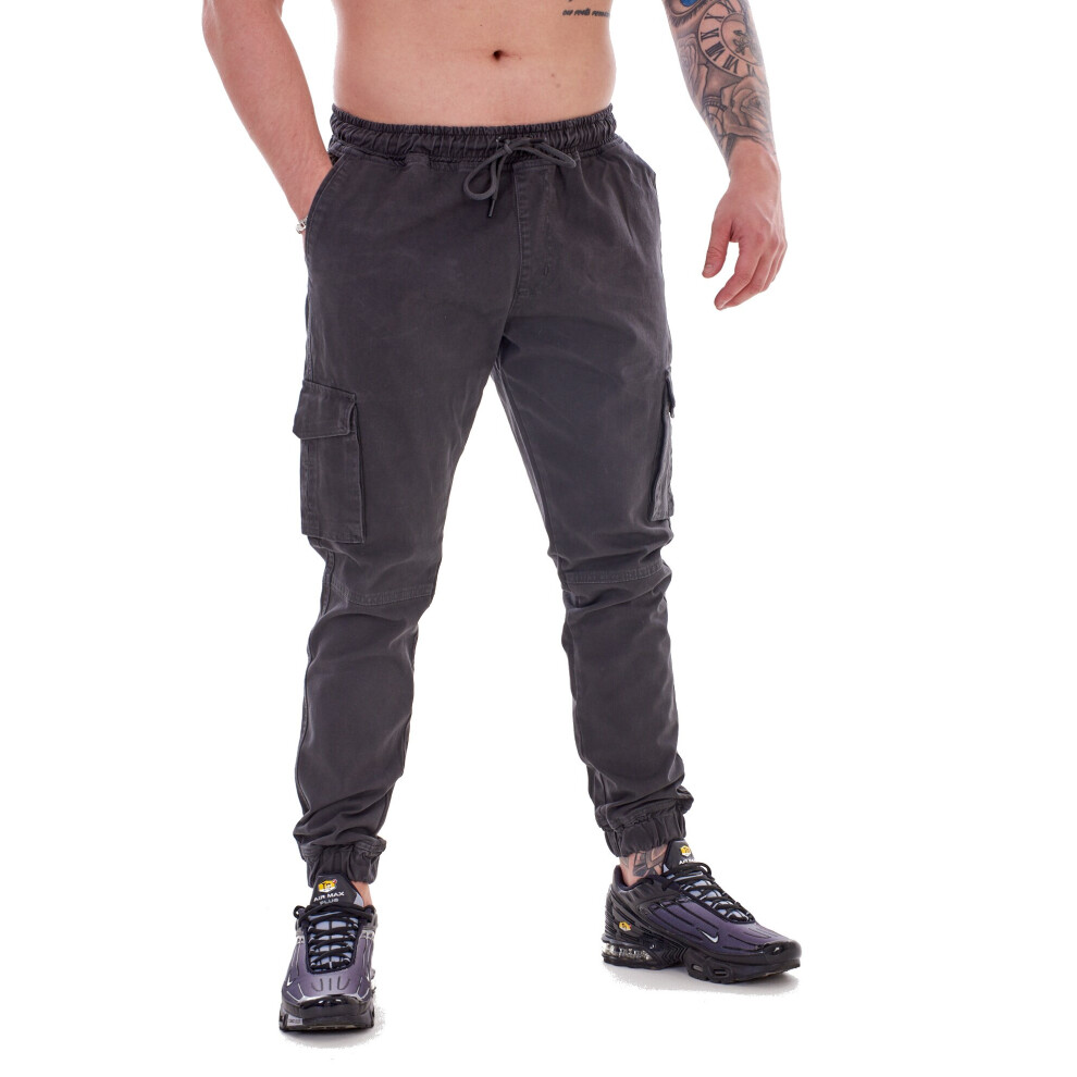 (Charcoal, XXL) Malay Mens Trousers Cargo Elasticated Tie Cord Cuffed Regular Pockets Pant M to 3XL