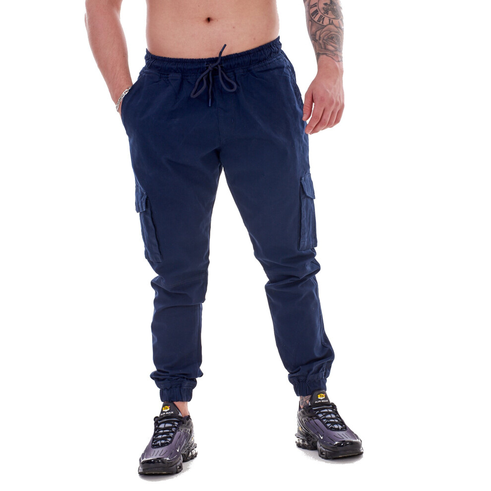 (Navy, 3XL) Malay Mens Trousers Cargo Elasticated Tie Cord Cuffed Regular Pockets Pant M to 3XL