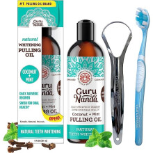GuruNanda Natural Whitening Coconut Mint Pulling , Alcohol Free (237ml) + Free Tongue Scraper andToothbrush