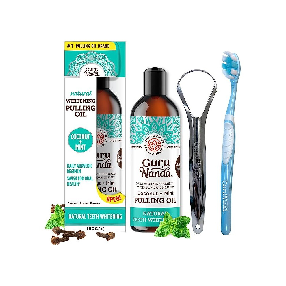 GuruNanda Natural Whitening Coconut Mint Pulling , Alcohol Free (237ml) + Free Tongue Scraper andToothbrush