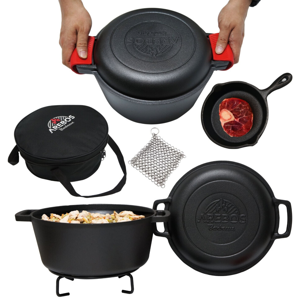 AREBOS Dutch Oven BBQ 2in1 Cast Iron Pot Braising Pot Fire Pot Cooking Pot Grill