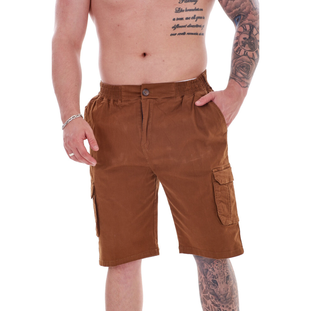 (Tan Brown, XL) Malay Mens Shorts Cotton Cargo Combat Casual Elasticated Wash Fabric Zip Shorts