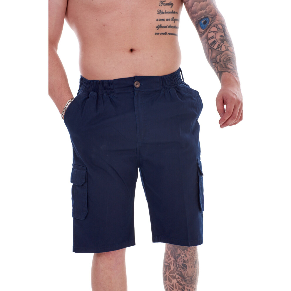 (Navy, XL) Malay Mens Shorts Cotton Cargo Combat Casual Elasticated Wash Fabric Zip Shorts