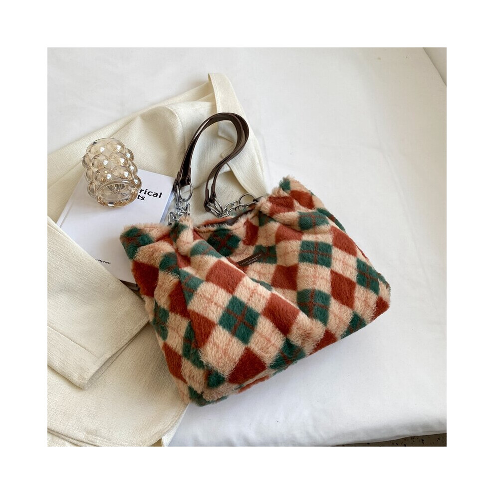 Diamond Pattern Women Plush Shoulder Bag Warm Cloth Fabric Handbag Canvas Tote Large Capacity Shopping Bags Book Bags For Ladies-image-OPC-PC72CZS-NEW