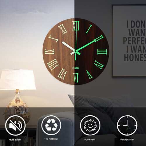 Living And Home Modern Luminous Wood Silent Wall Clock 2