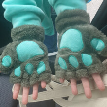 (Green) Girl Lovely Bear Plush Cat Paw Claw Gloves Winter Faux Fur Kitten Fingerless Mittens