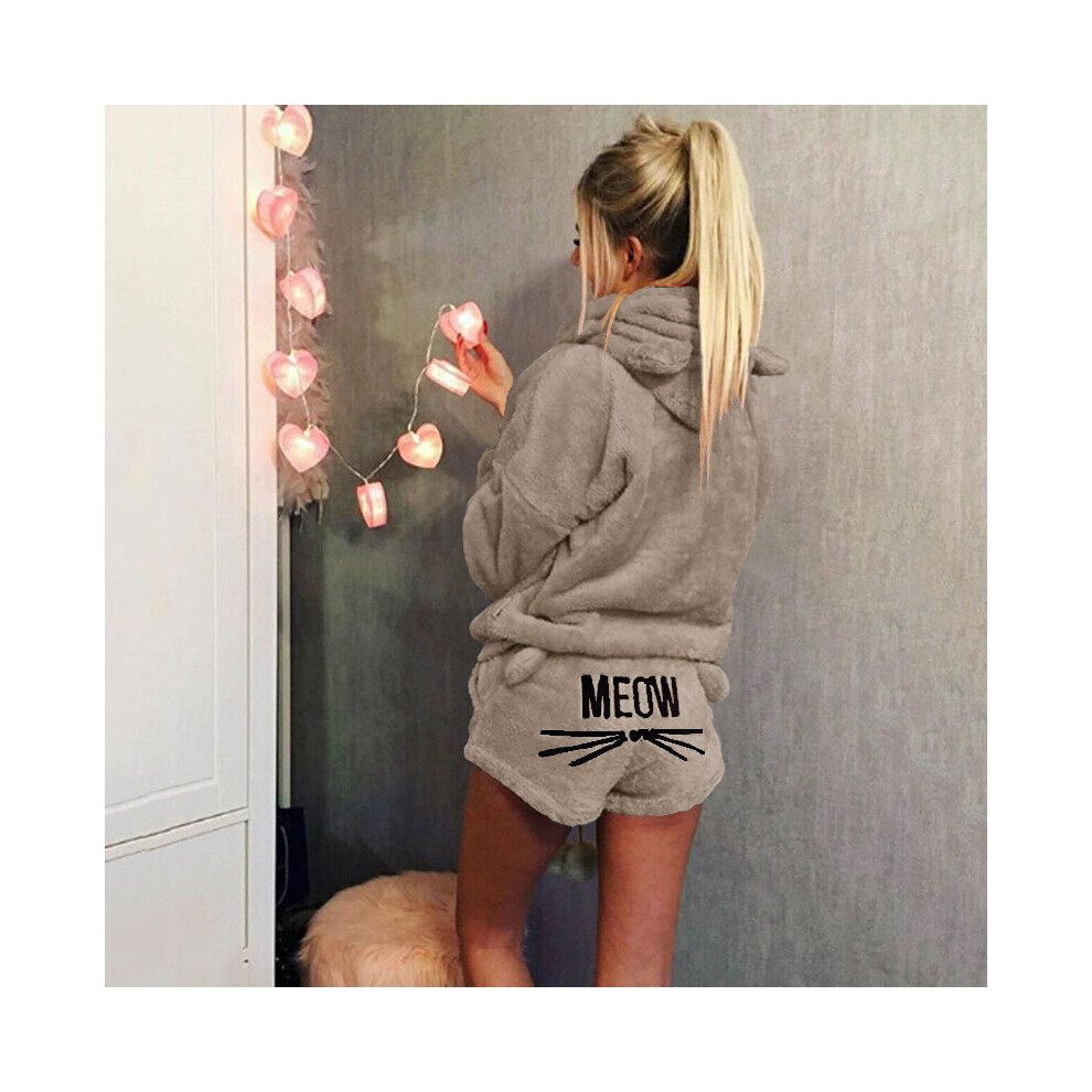 (Khaki, L) Womens Cat Fleece Fluffy Warm Pjs Pyjamas Sleepwear Nightwear Set Outfit Pajamas