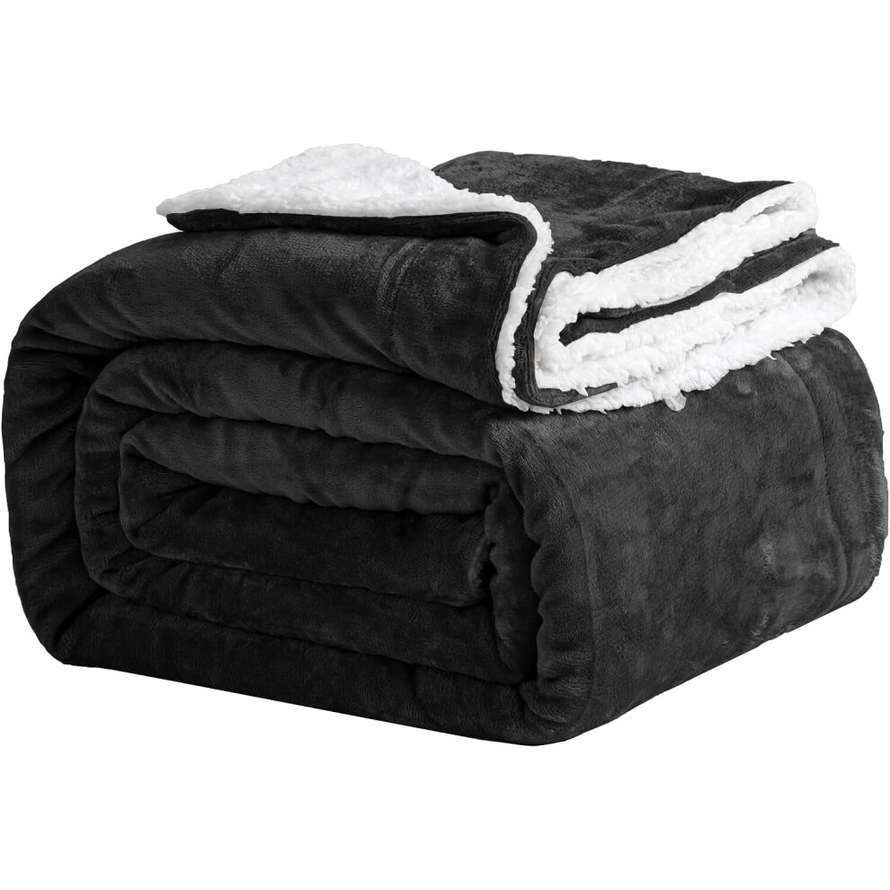 (Black, Super King 230 x 270 cm) KONO Bed Throw Blanket Sherpa Flannel Blankets Fleece Fluffy Throw Lightweight Microfiber Solid