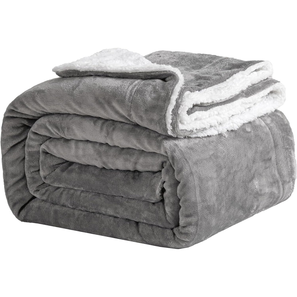 (Grey, Single 130 x 150 cm) KONO Bed Throw Blanket Sherpa Flannel Blankets Fleece Fluffy Throw Lightweight Microfiber Solid