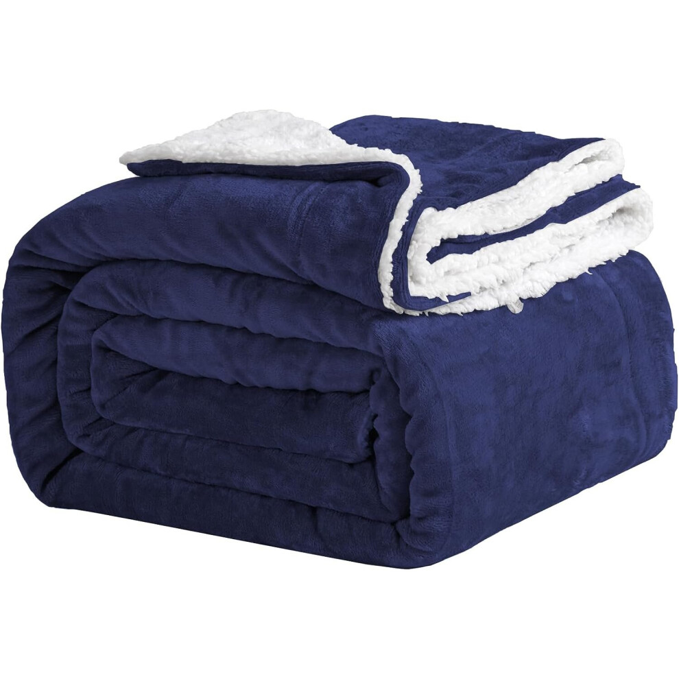 (Navy, Double 150 x 200 cm) KONO Bed Throw Blanket Sherpa Flannel Blankets Fleece Fluffy Throw Lightweight Microfiber Solid