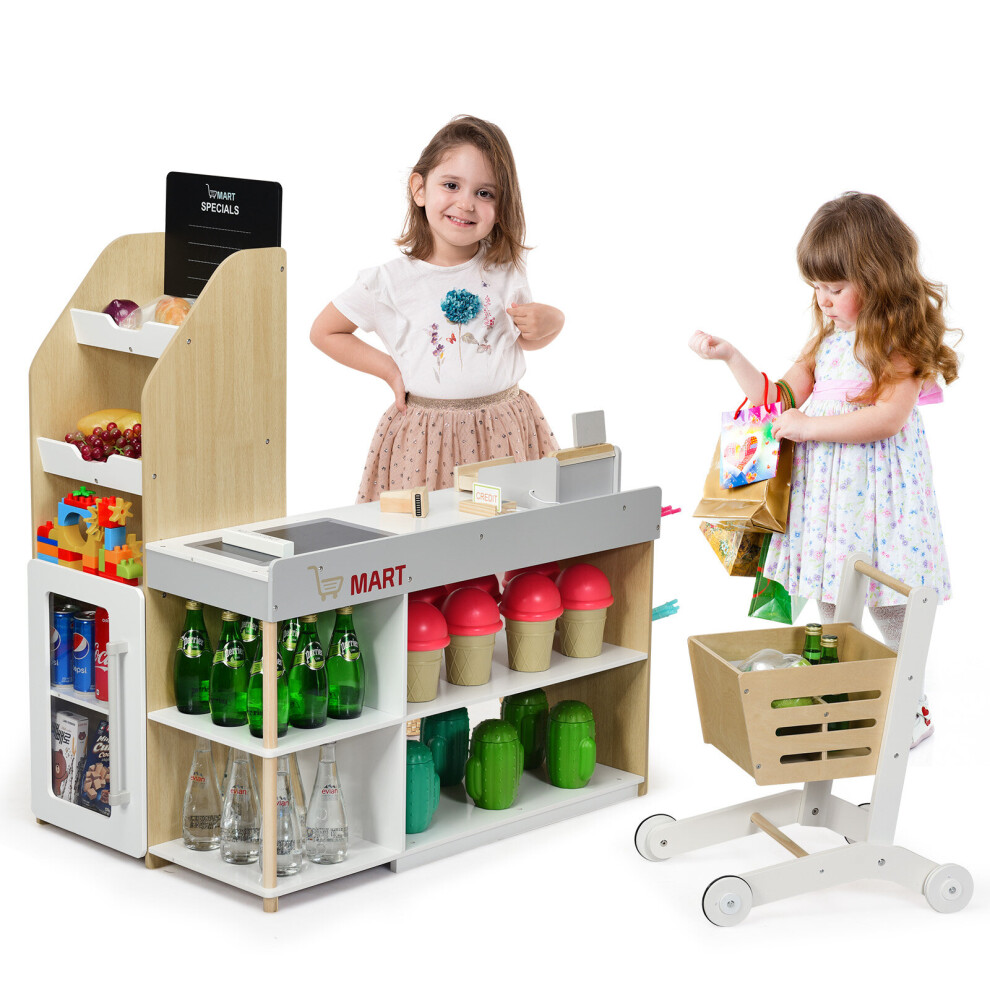 Pretend Grocery Store Toy Wooden Supermarket Playset w/ Shopping Cart