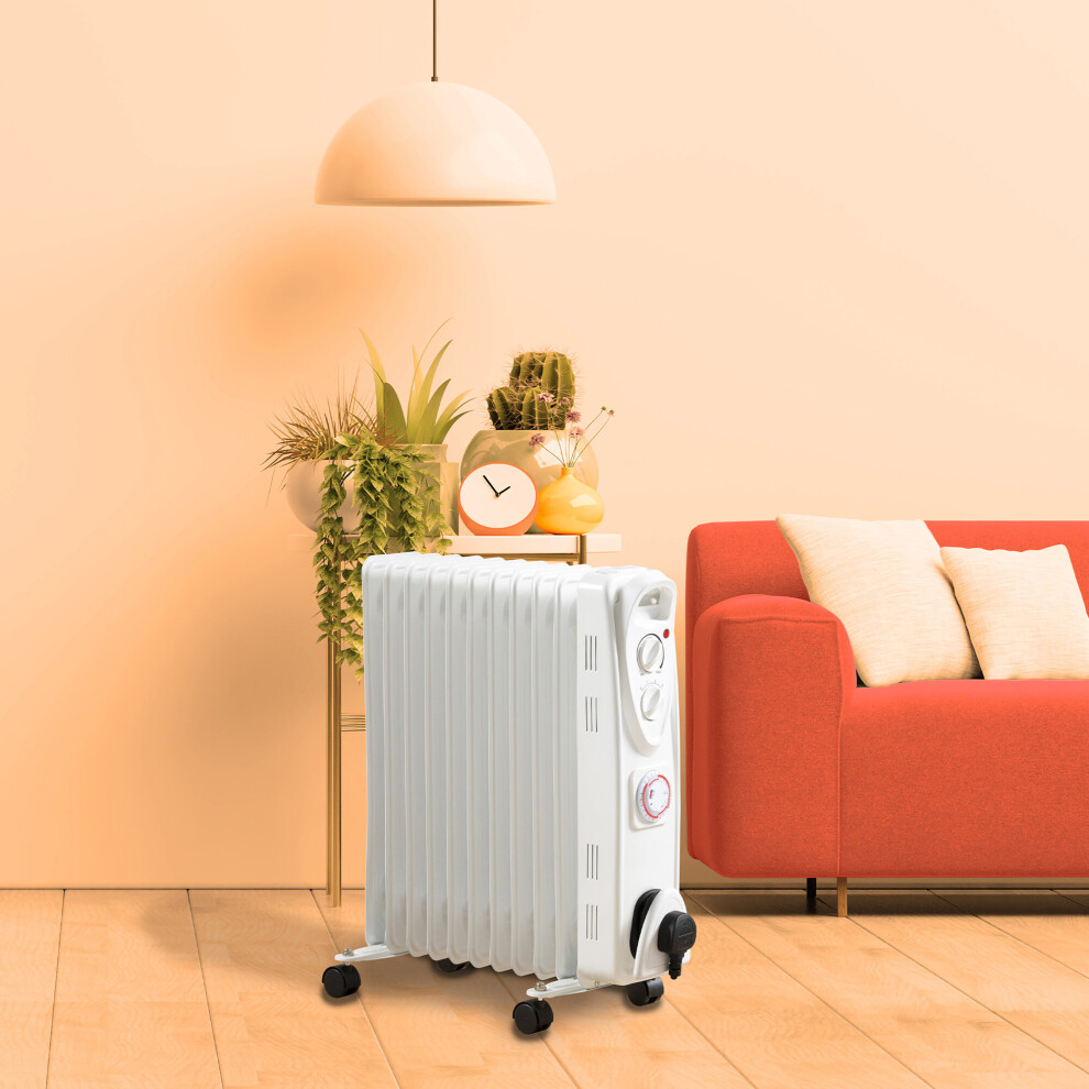 Daewoo Oil Radiator 2500W 11 Fin Portable Heater With 3 Heat Settings Timer White
