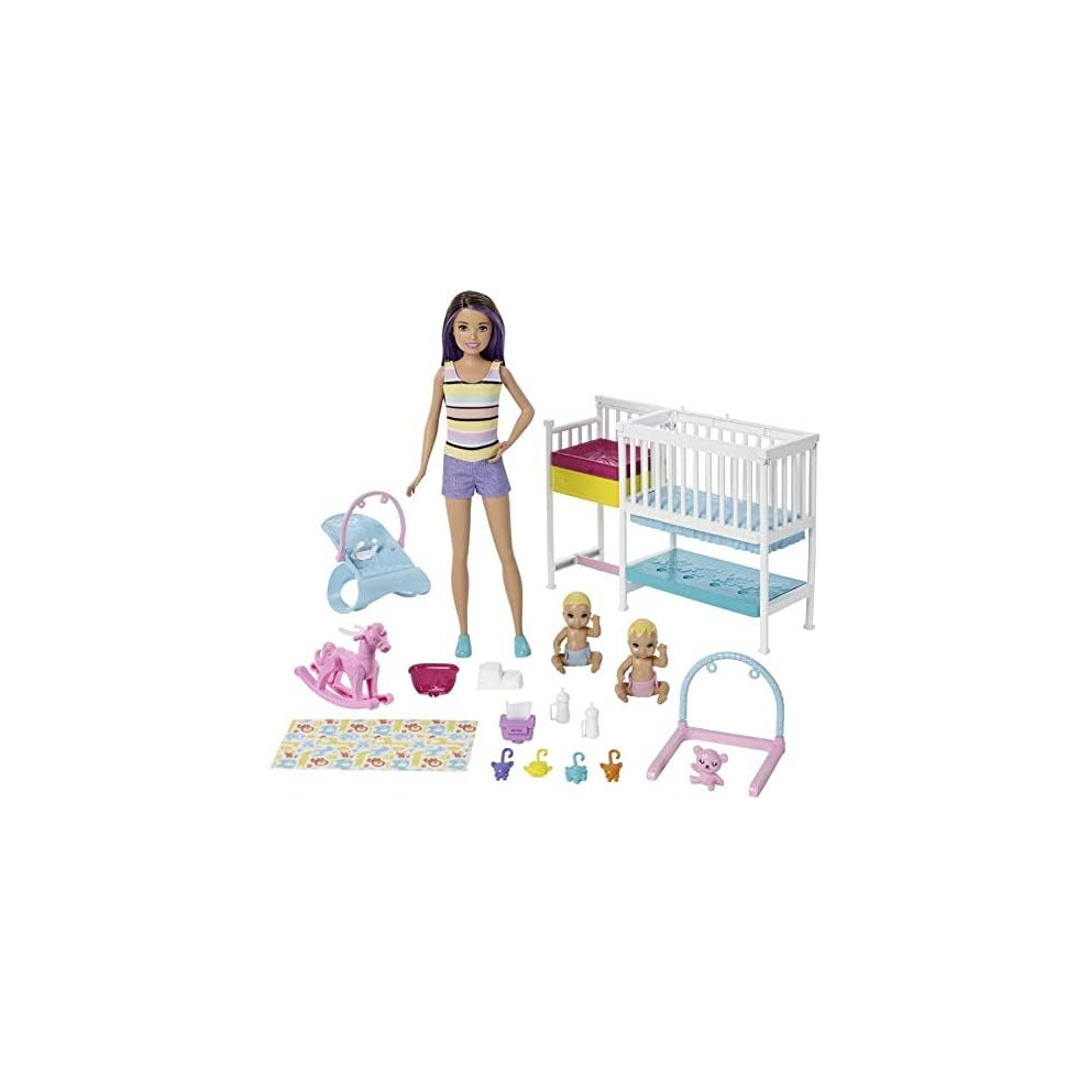 Barbie GFL38 Nursery Playset with Skipper Babysitters, 2 Baby Dolls