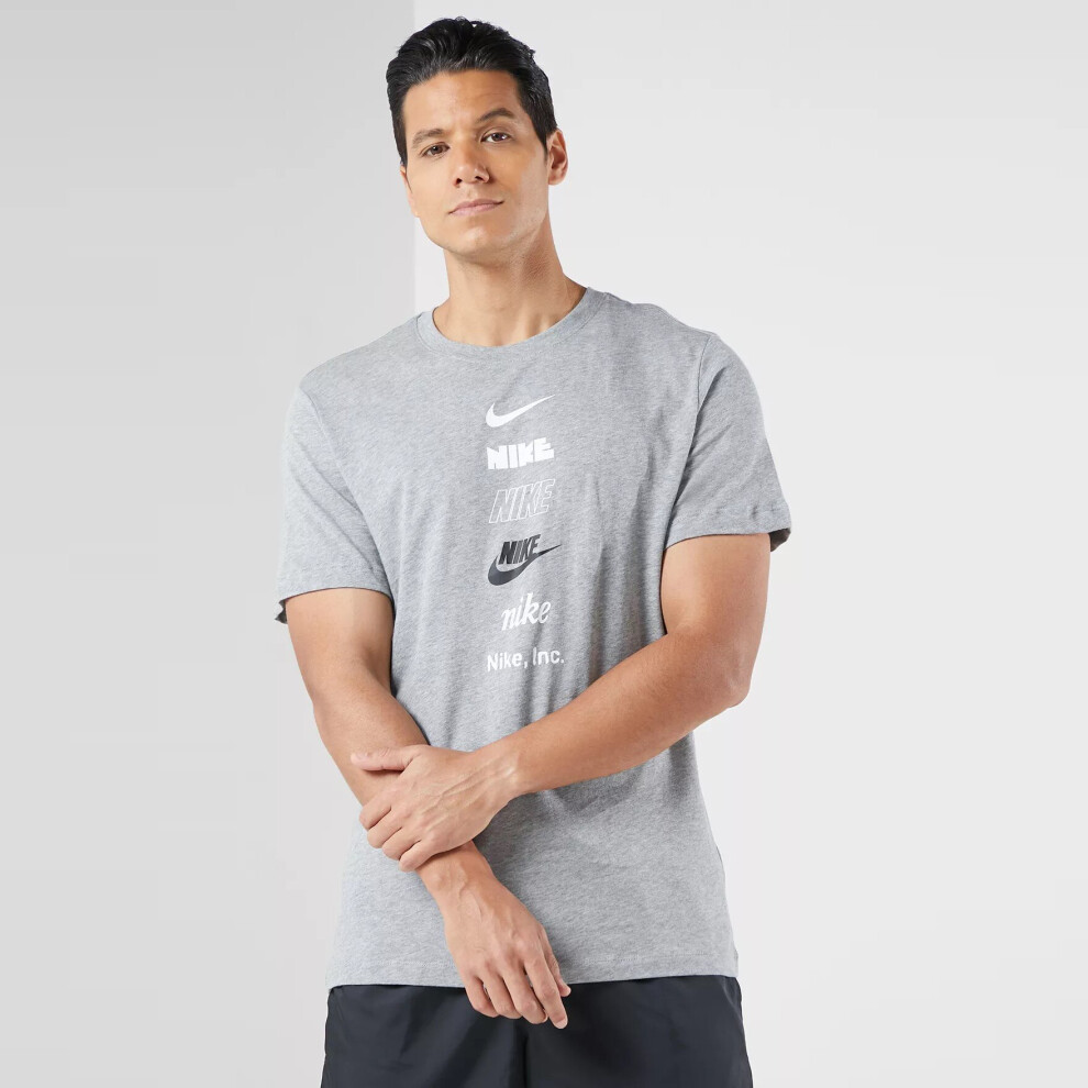 (DZ2875-063 Nike Mens T Shirt Grey L) Nike Multi Stack Logo T Shirt Crew Neck Tee