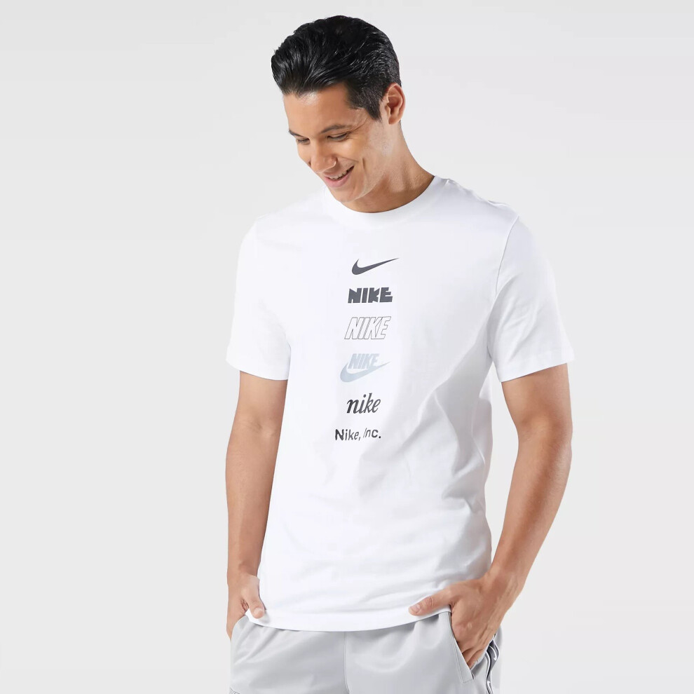 (DZ2875-100 Nike Mens T Shirt White L) Nike Multi Stack Logo T Shirt Crew Neck Tee