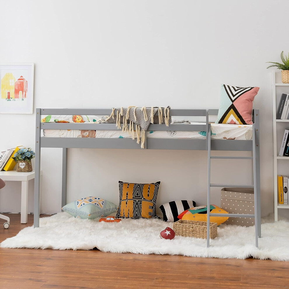 Children Grey Bunkbed Mid Sleeper, Pine Wooden Kids Bed, Grey Kids Bed