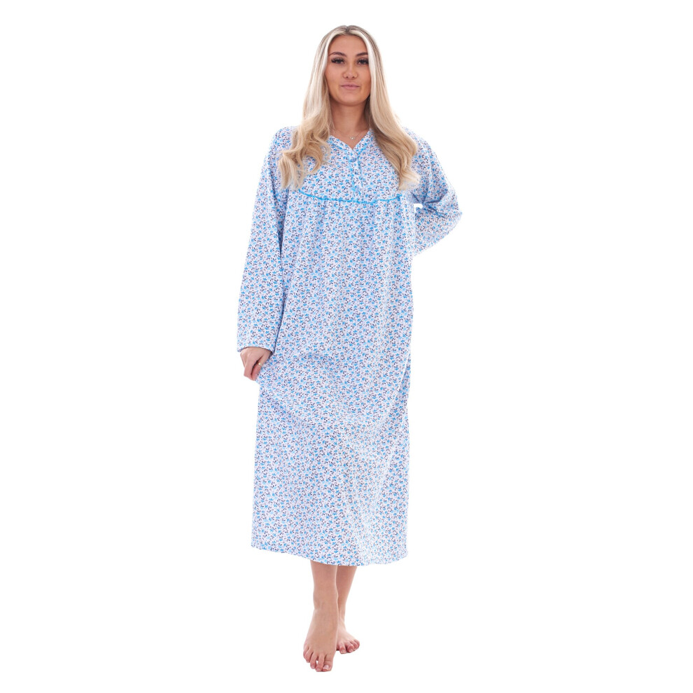 (Blue, M) Malay Women Cotton Long Nightdress Thermal Floral Button Long Sleeve Soft Nightwear