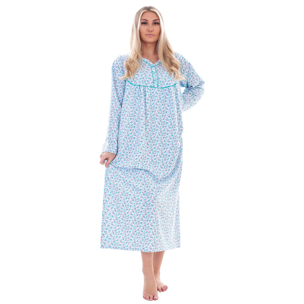 (Green, M) Malay Women Cotton Long Nightdress Thermal Floral Button Long Sleeve Soft Nightwear