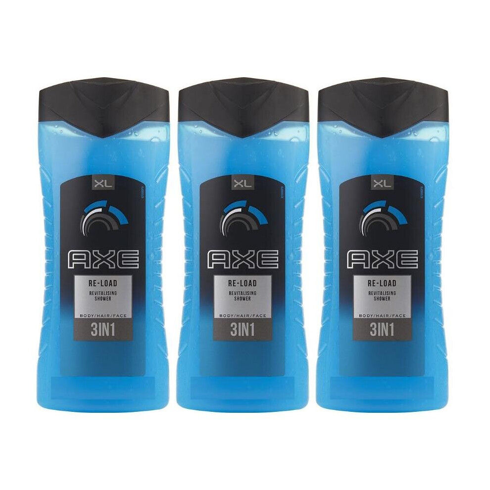 3 x Axe 3 in 1 Revitalising Shower Gel/Body Wash 400ml - Reload