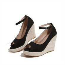 Womens Espadrille Wedge Sandals Peep Toe Ankle Strap High Heels Comfy Micro Suede Sandals