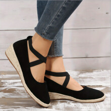 Womens Wedge Heel Espadrilles Shoes Comfy Solid Cross Strap Slip On Anti skid Heels Casual Walking Shoes